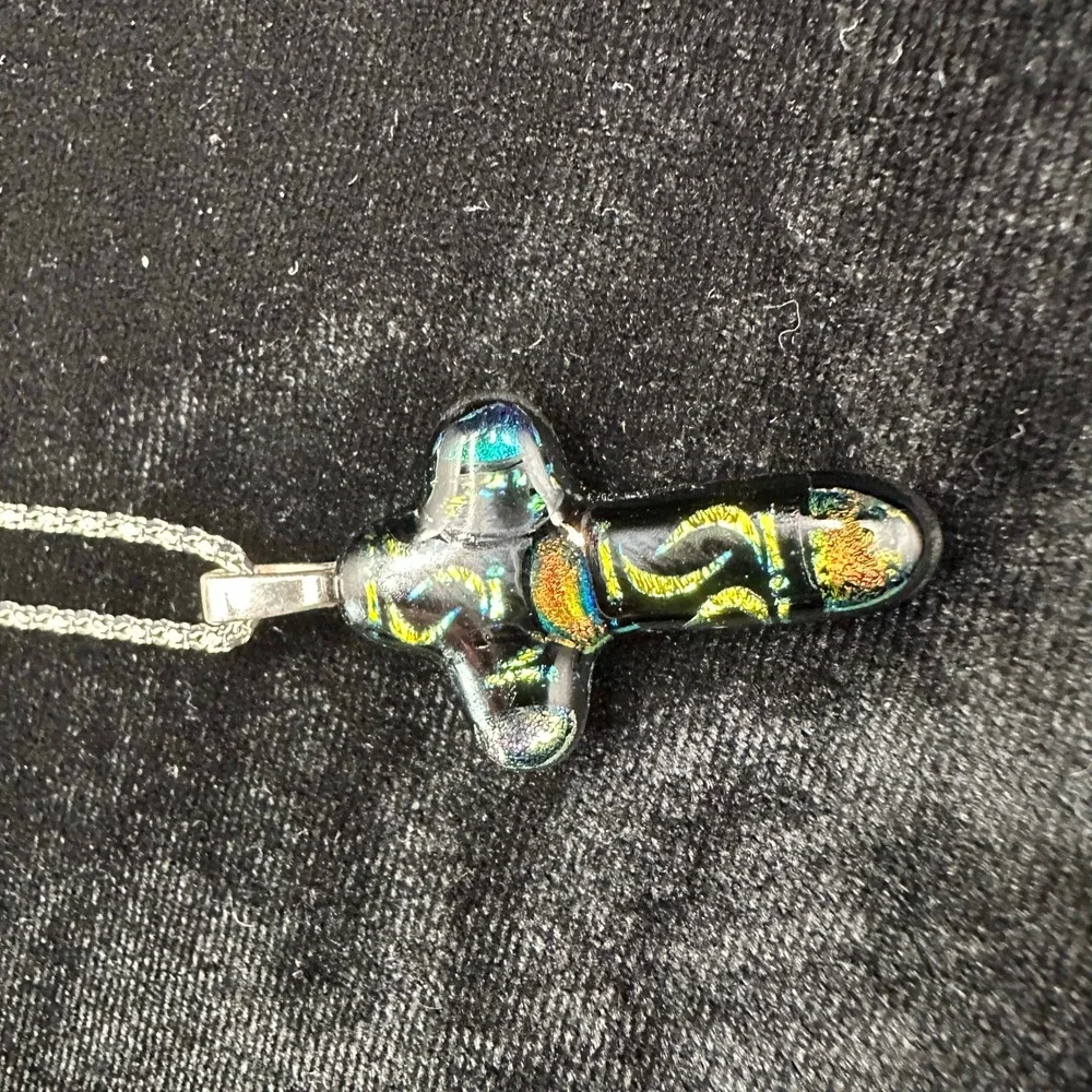 Dichroic Art Glass Cross Pendant‎ Necklace Iridescent Black Gold Teal Christian